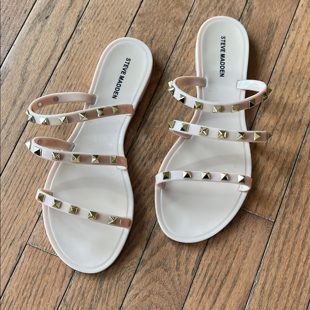 Steve Madden Women's Sandals with Gold Studs - Cream and Tan